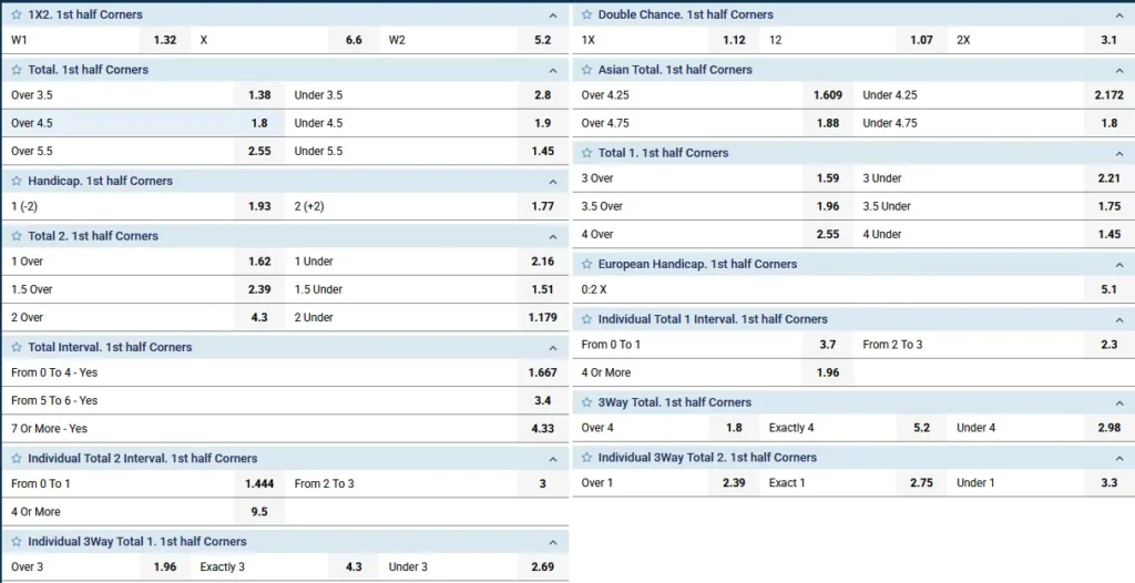 Corners Bets 1xBet
