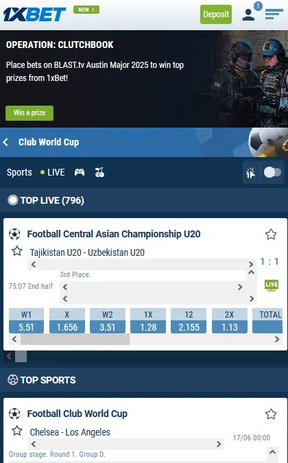 Home page in the 1xBet mobile app