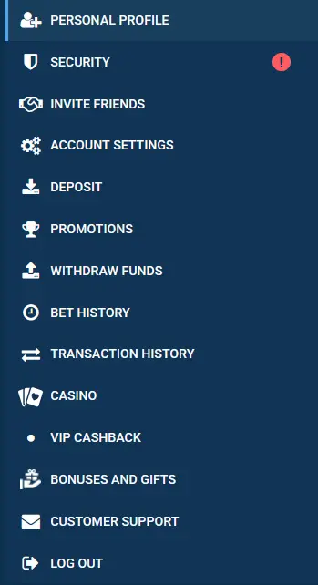 Personal account menu