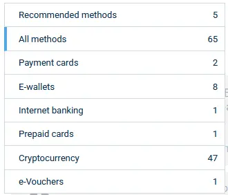 Types of payment systems 1xBet